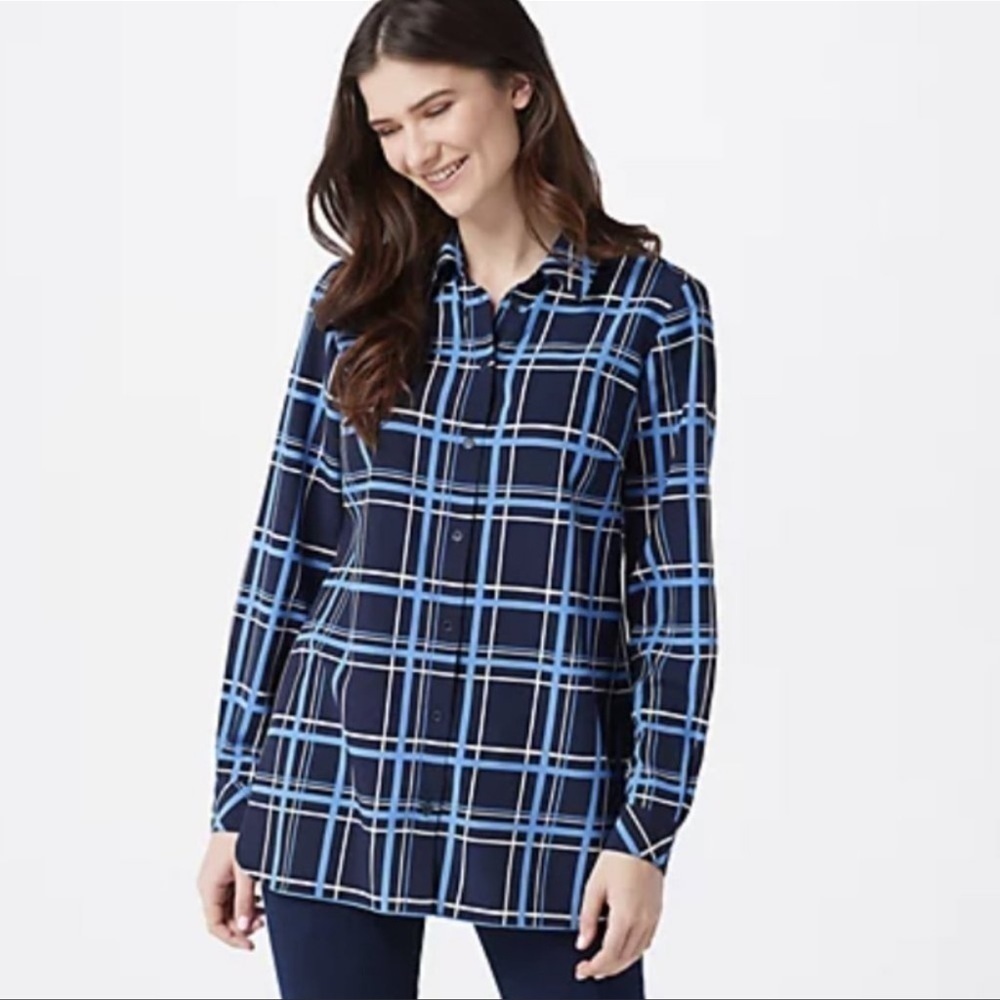 Susan Graver Button Down Printed Stretch Woven Top/Tunic QVC Size Small